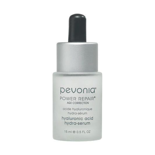 A bottle of Pevonia Power Repair Hyaluronic Acid Hydra Serum with a dropper cap 15ml