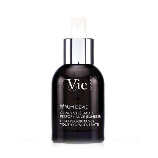 A black bottle of Vie Collection Serum De Vie High Performance Youth Concentrate with a white pump dispenser, labeled in white and silver text.