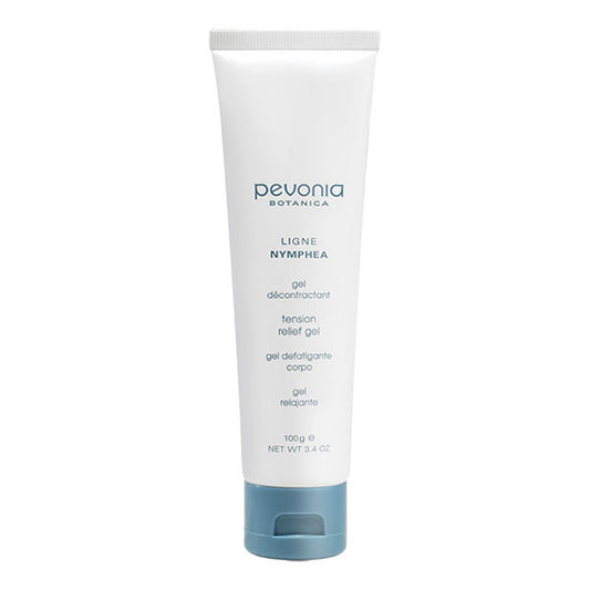 A tube of Pevonia tension relief gel 100g with a white body and blue cap against a plain background.