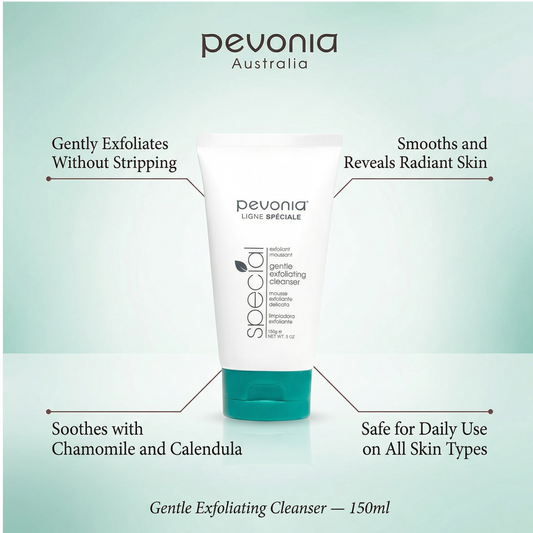 Pevonia Australia Gentle Exfoliating Cleanser tube with product benefits on a light green background