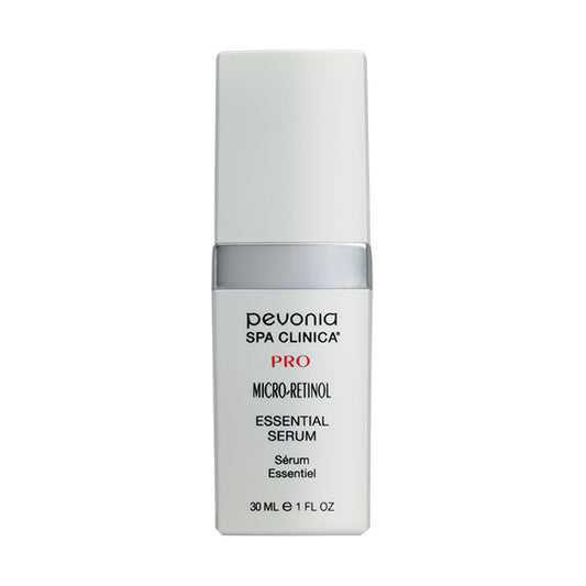 A white bottle with a pump dispenser labeled Pevonia Spa Clinica Pro Micro-Retinol Essential Serum.