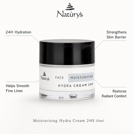 Naturys Moisturising Hydra Cream 24H 50ml with benefit callouts for 24H hydration, fine lines, skin barrier support, and radiant comfort.