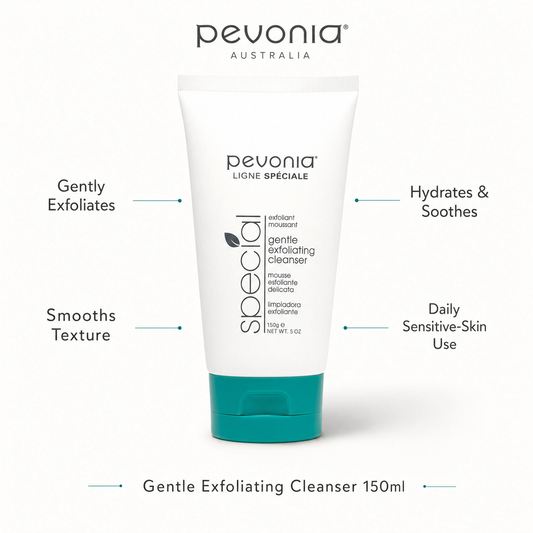 Pevonia Gentle Exfoliating Cleanser 150ml with benefits for gentle exfoliation, smoother texture, hydration and daily sensitive-skin use