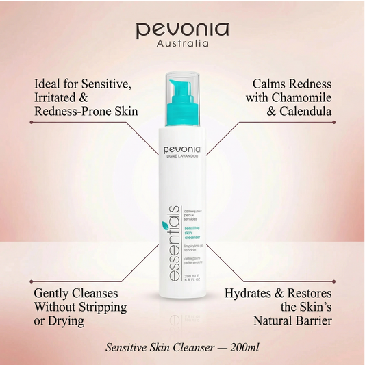 Pevonia Australia sensitive skin cleanser bottle with product features on a light pink background