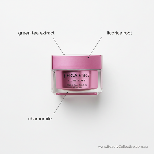 Pink Pevonia cream jar with labeled ingredients on a white background