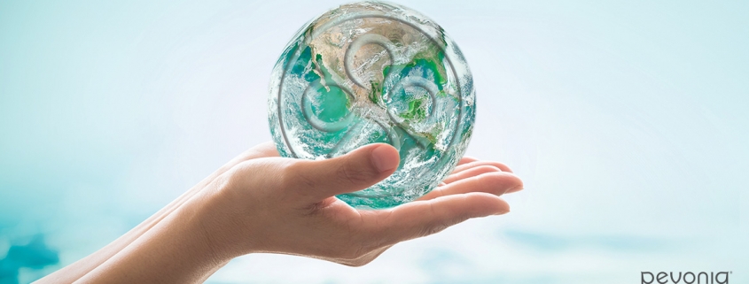 Pevonia pro-global-earth day, hands holding a green globe with Pevonia logo