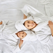 Mom, daughter, bonding, bath robe, spa at home tips