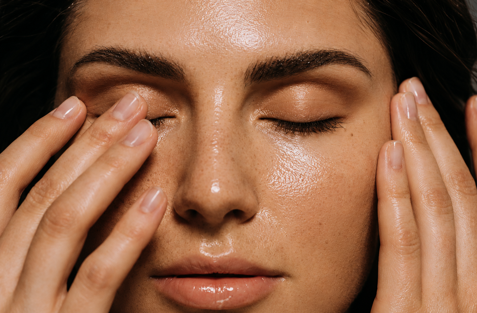 Model shot of woman with face oil applied to skin