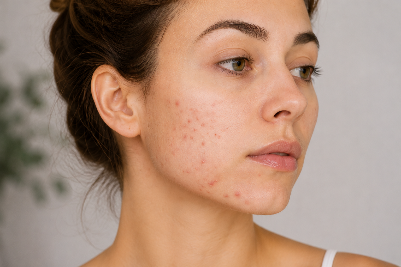 Woman with visible acne on her face, showing inflamed blemishes and acne prone skin