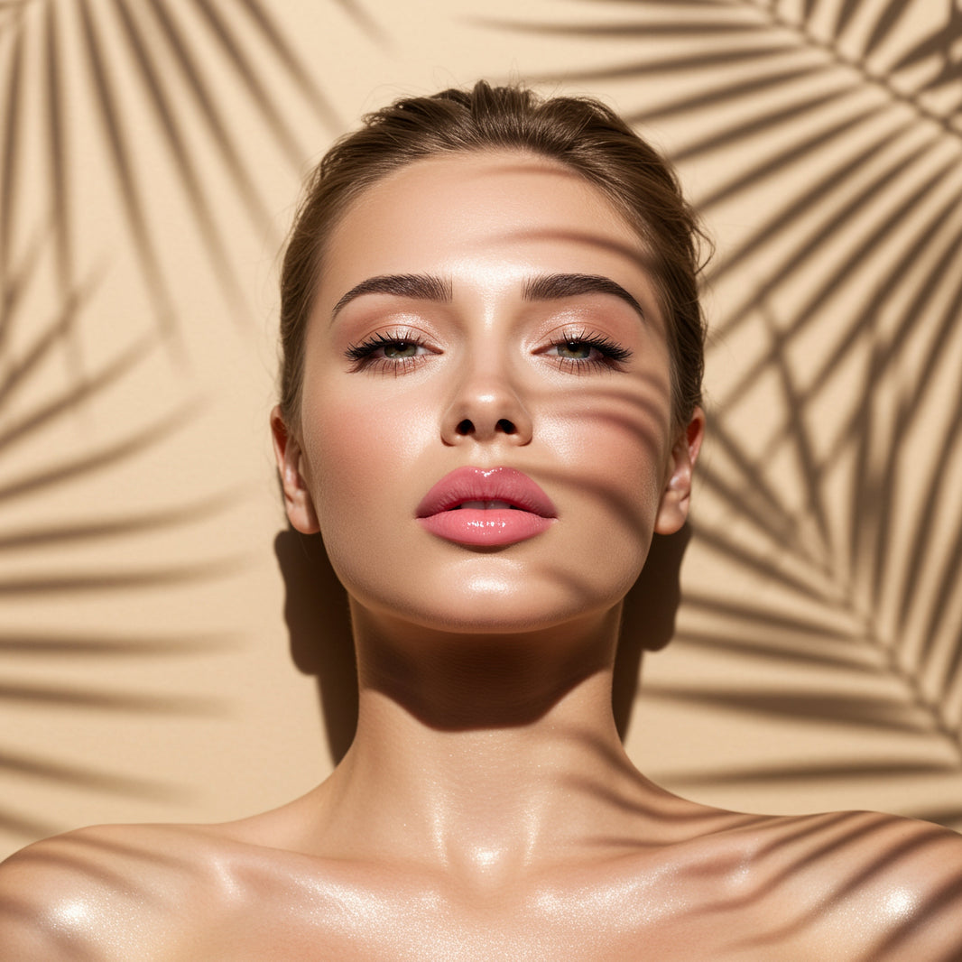 A beautiful woman on a beige background, with shadws of palm leaves