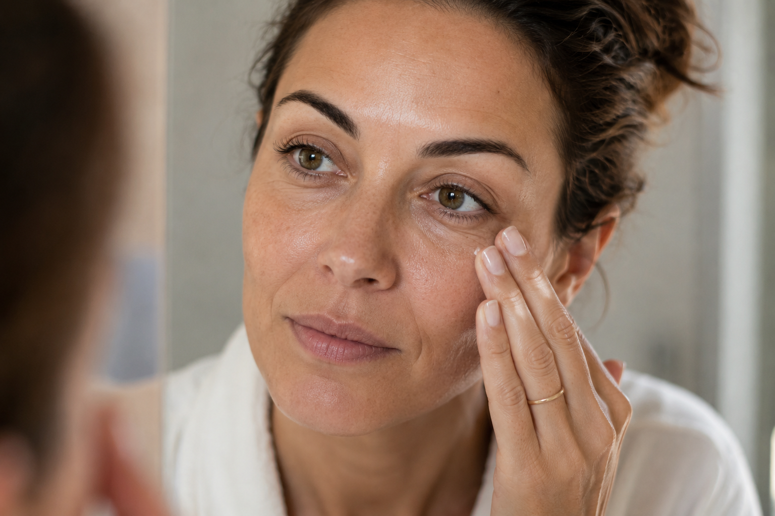 woman closely checking her eye area