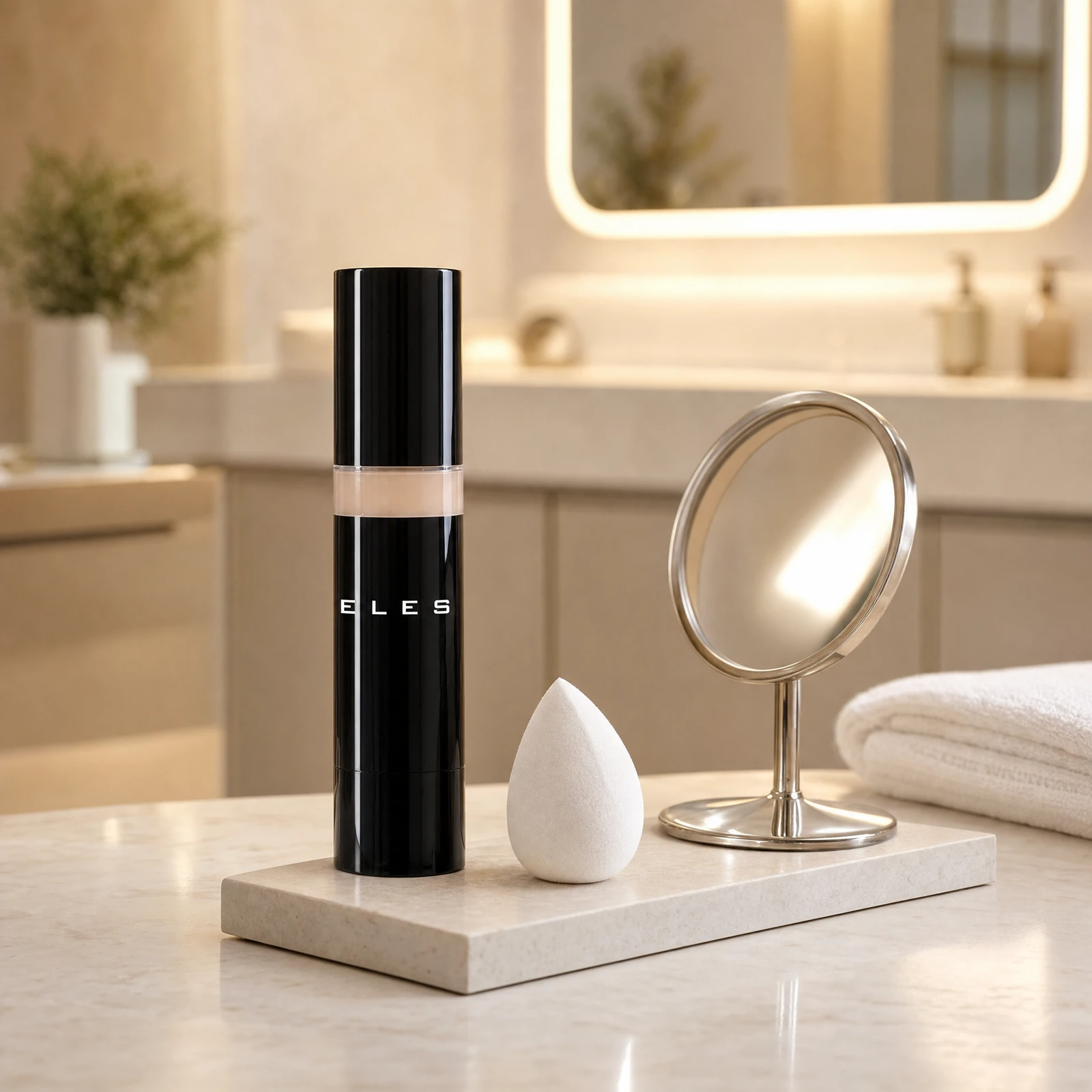 ELES HD Luminous Foundation standing upright on a stone tray with a white Pro-Blender sponge and round mirror on a marble clinic bench inside a premium skin clinic treatment room, ideal for professional foundation application after facial treatments