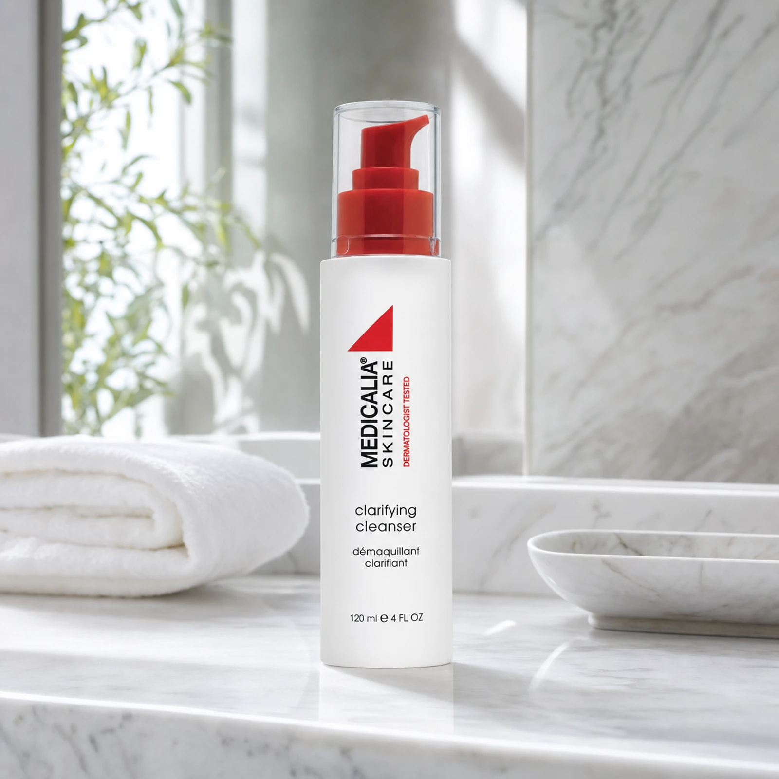 Medicalia Clarifying Cleanser 120ml on a premium marble bathroom vanity, a deep-cleansing gel with lactic and salicylic acids for acne-prone, oily, and congested skin.