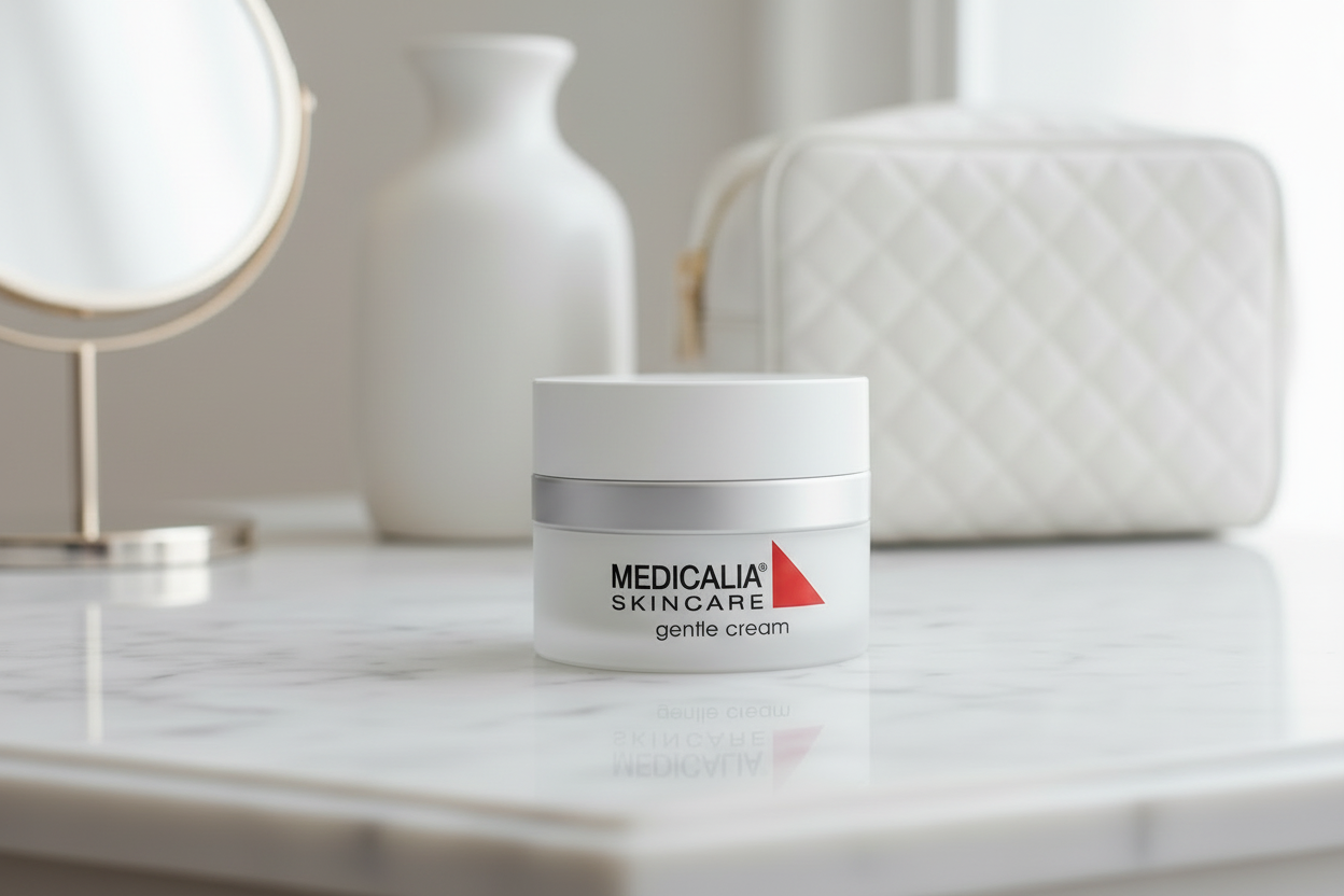 Medicalia Gentle Cream jar displayed on a marble vanity in a clean premium skincare setting.