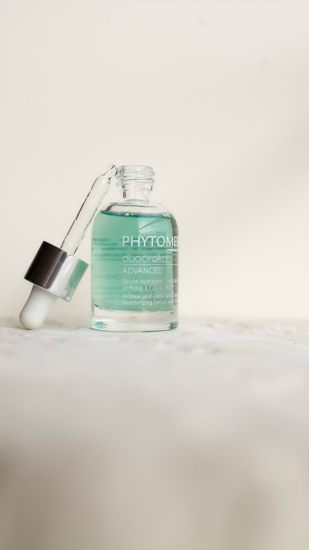Bottle of Phytomer Oligoforce Advanced Serum 30ml with dropper on a light background