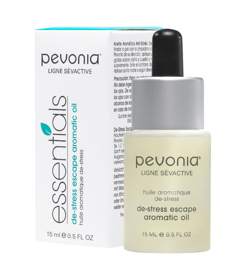Pevonia de-stress escape aromatic oil bottle and packaging on a white background
