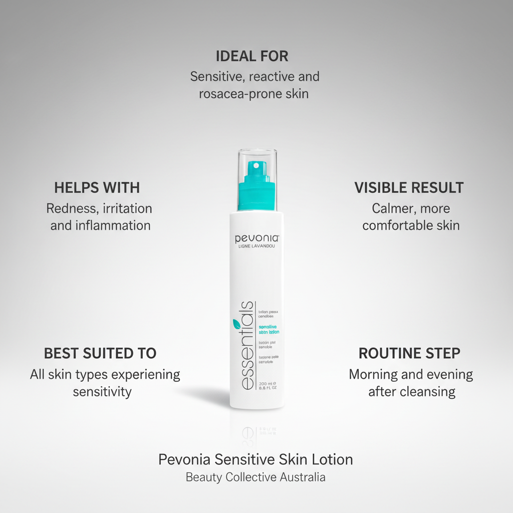 Pevonia Sensitive Skin Lotion bottle with product features on a gray background