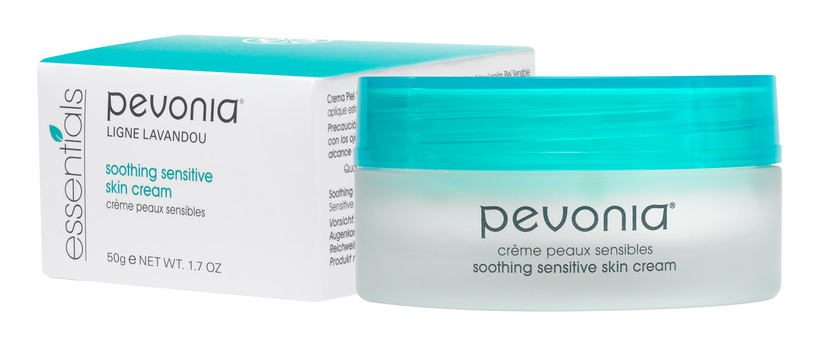 Pevonia soothing sensitive skin cream jar and packaging on a white background