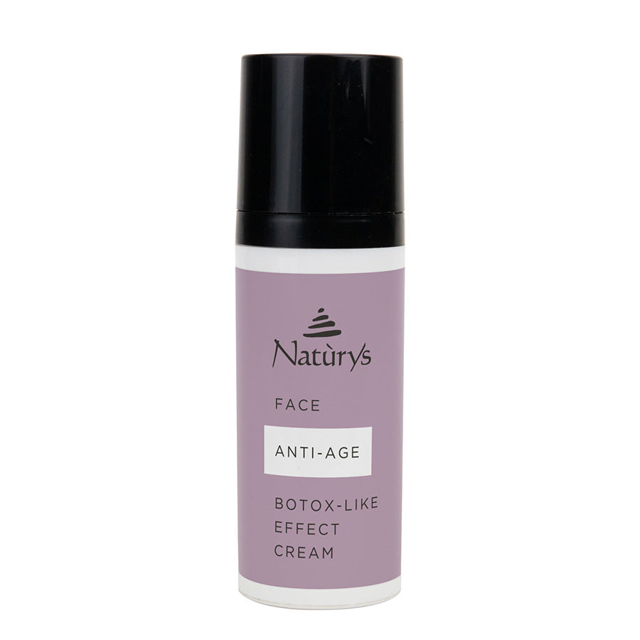 A bottle of Naturys anti-aging cream, labeled as 'FACE ANTI-AGE BOTOX-LIKE EFFECT CREAM'.