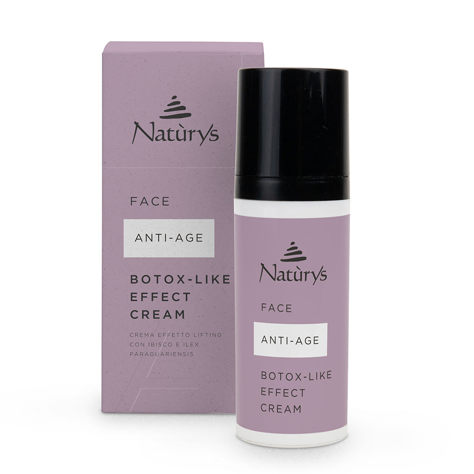 A bottle of Naturys Anti-Age Botox Like Effect Cream next to its packaging box. The cream container is purple with a black cap, and the box has 'Naturys' written in white.