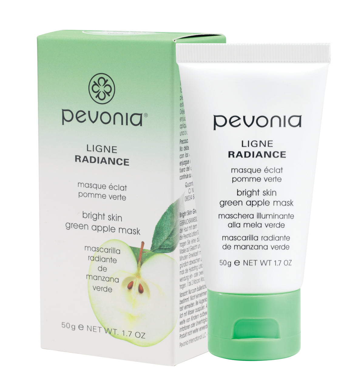 Product packaging for Pevonia Bright Skin Green Apple Mask 50g, featuring a white tube with green apple imagery, set against a green background.