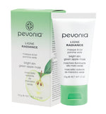 Product packaging for Pevonia Bright Skin Green Apple Mask 50g, featuring a white tube with green apple imagery, set against a green background.