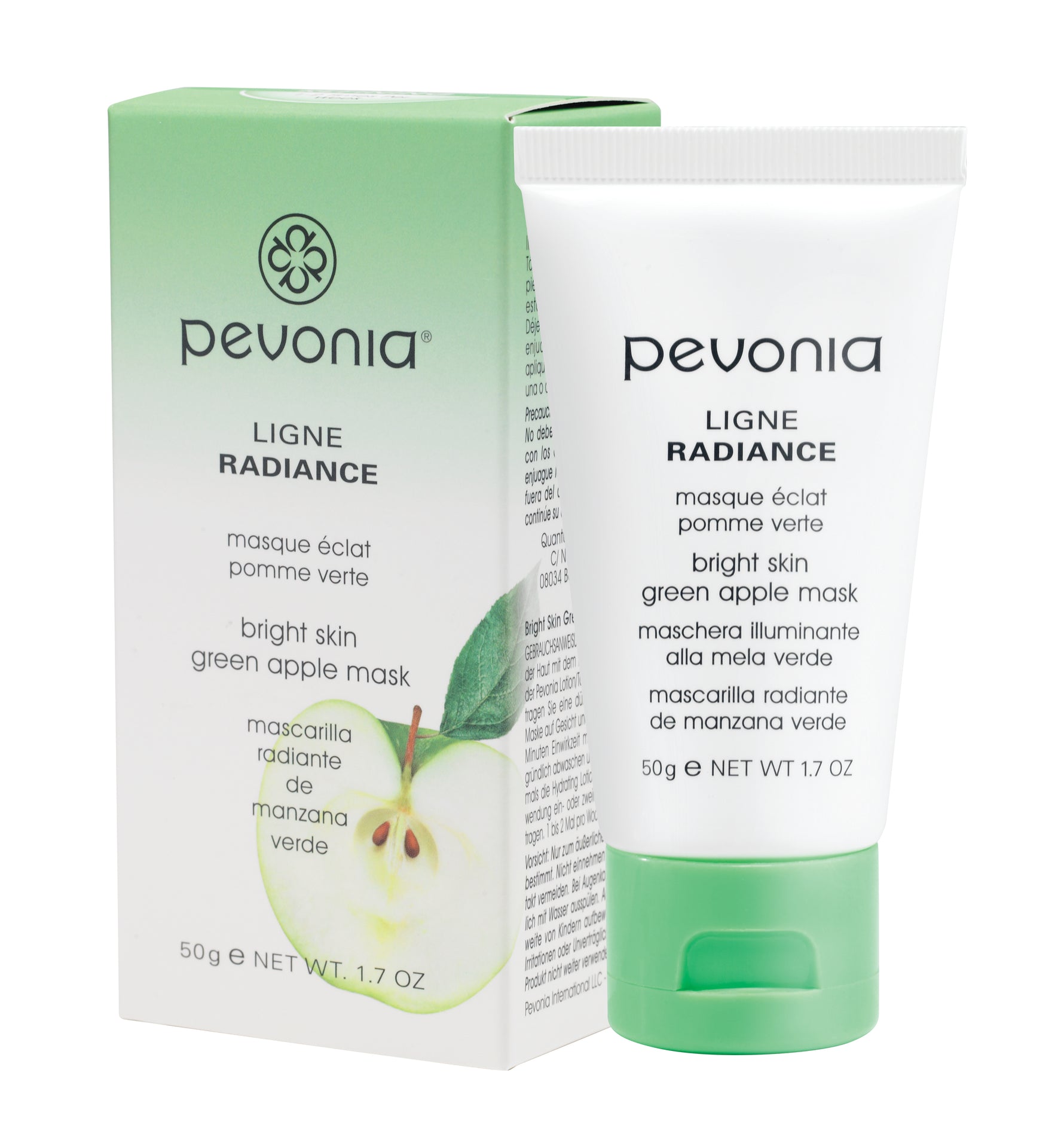 Product packaging for Pevonia Bright Skin Green Apple Mask 50g, featuring a white tube with green apple imagery, set against a green background.