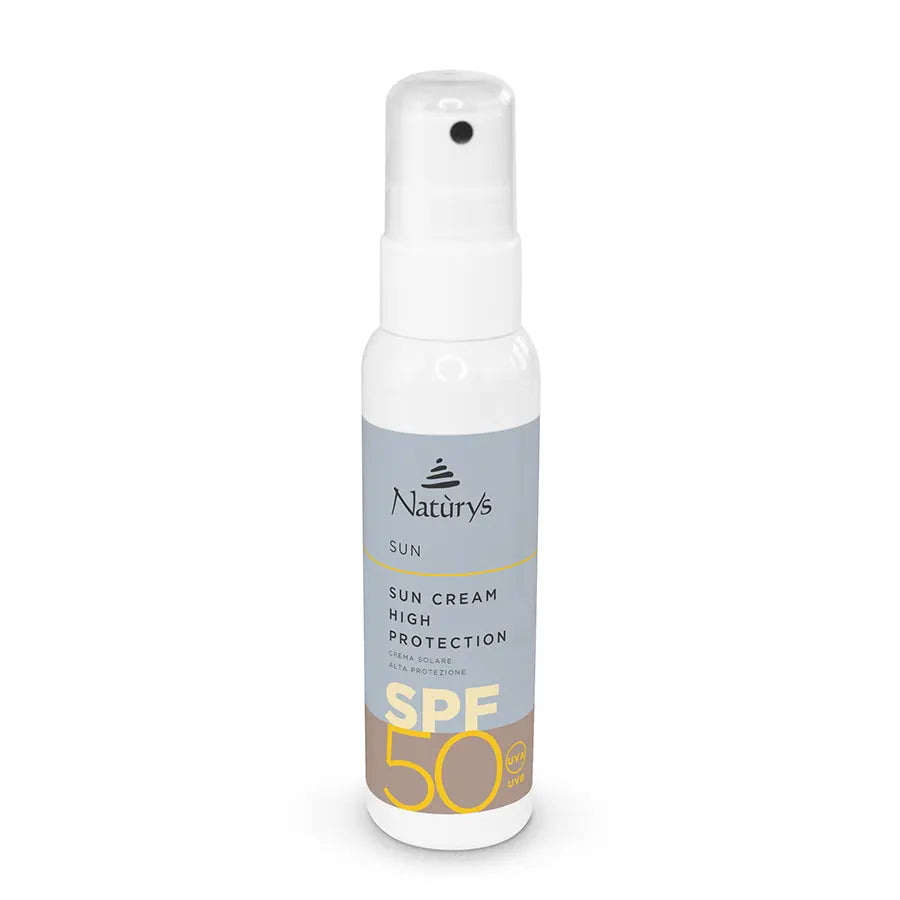 A spray bottle of Naturys Sun Cream High Protection SPF 50.