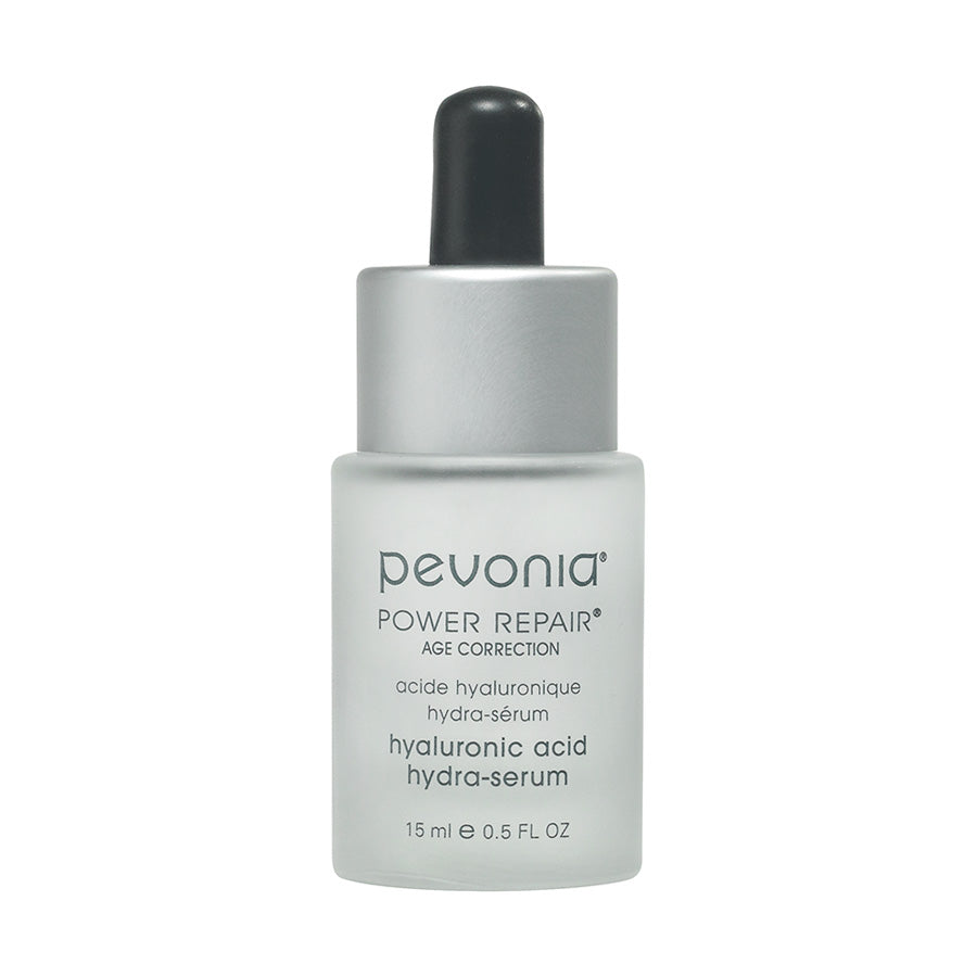A bottle of Pevonia Power Repair Hyaluronic Acid Hydra Serum with a dropper cap 15ml