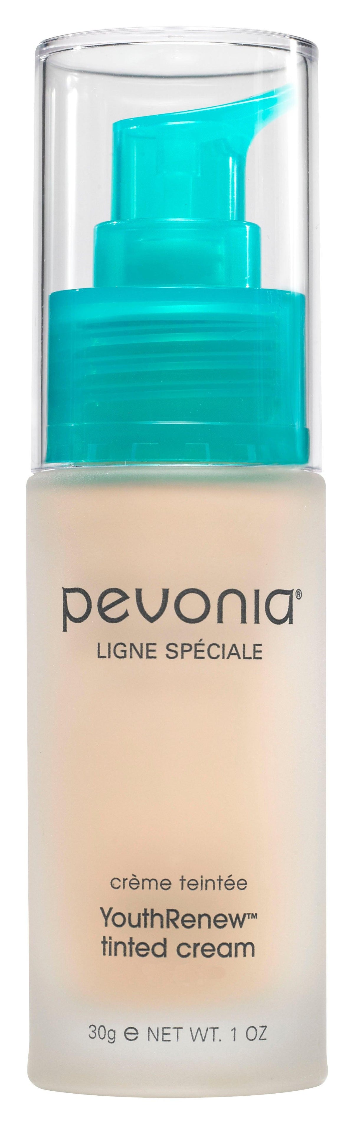 Pevonia YouthRenew tinted cream bottle with turquoise pump on beige background