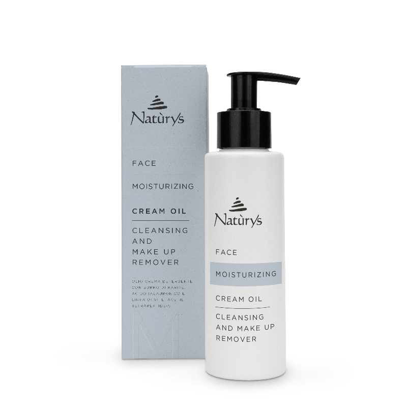 Naturys moisturizing cream oil bottle and packaging on a white background