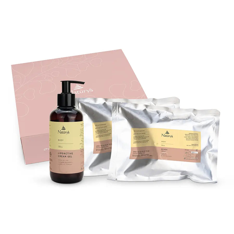 Product image showing a bottle of Lipolytic Cream Gel and two packages of Cell bandages against a white background.