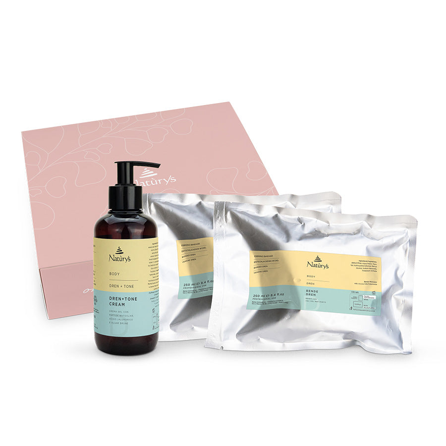 A set of body care products including a bottle of Dren & Tone Cream and two packages of draining bandages, against a white background.