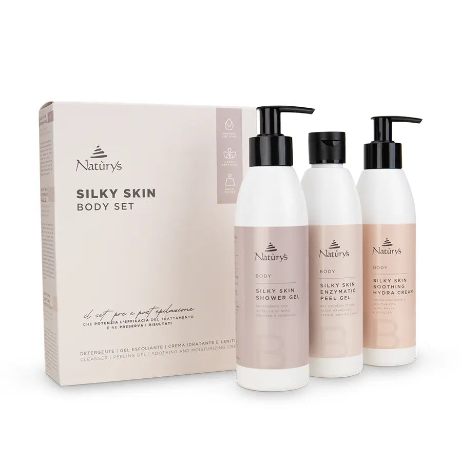 A product image showing the packaging and bottles of the Silky Skin Body Set which includes a shower gel, enzymatic peel gel, and soothing hydra cream.