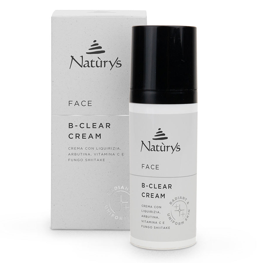 A packaged bottle of Naturys Face B-Clear Cream 50ml with its box, displaying the product name and key features.