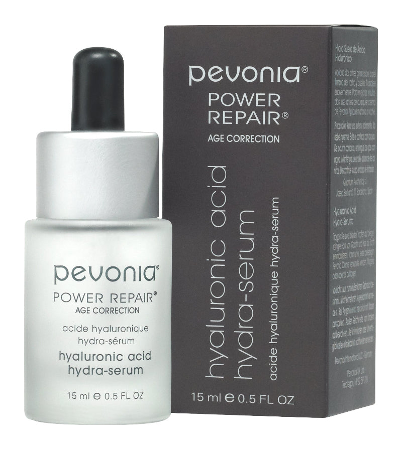Pevonia Power Repair hyaluronic acid serum bottle and packaging on a white background 15ml