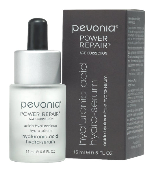 Pevonia Power Repair hyaluronic acid serum bottle and packaging on a white background