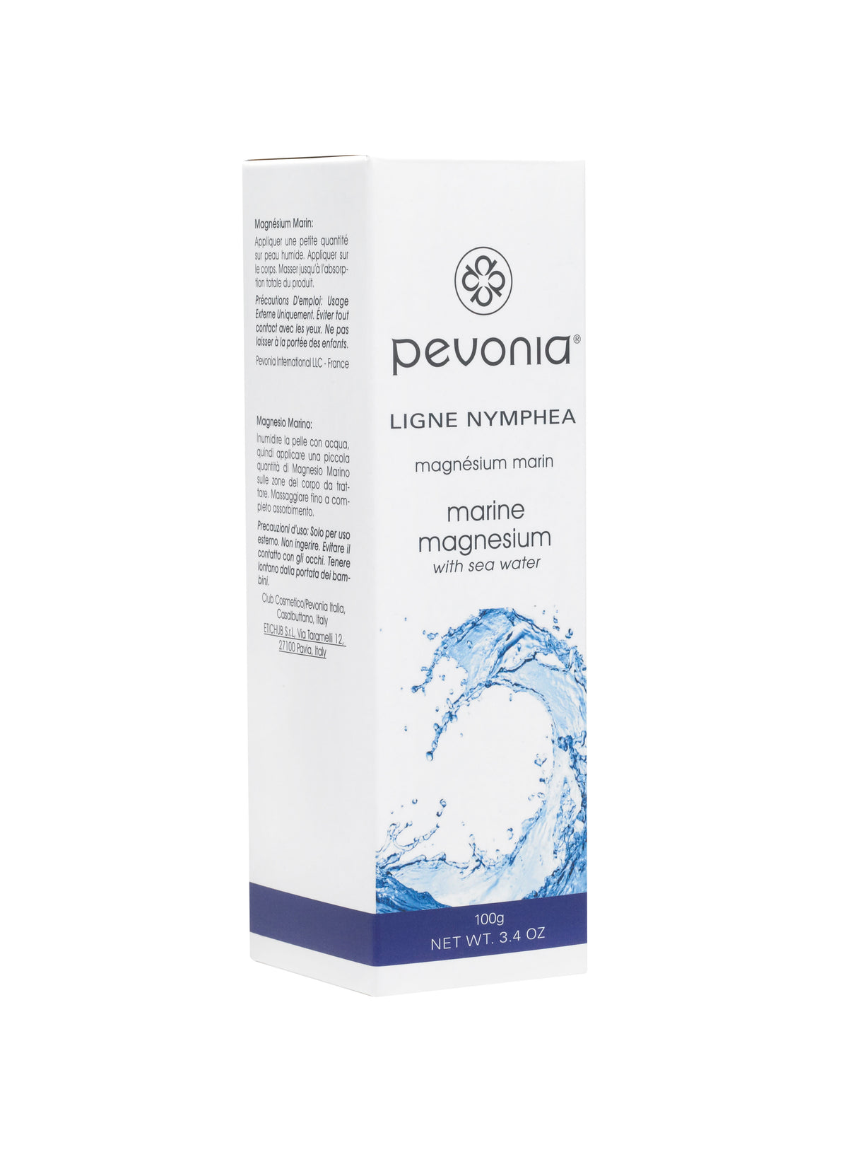 A pump boxed bottle of Pevonia Marine Magnesium gel, recommended for all skin types, with benefits such as reducing muscular tension, improving relaxation, and hydrating the skin.
