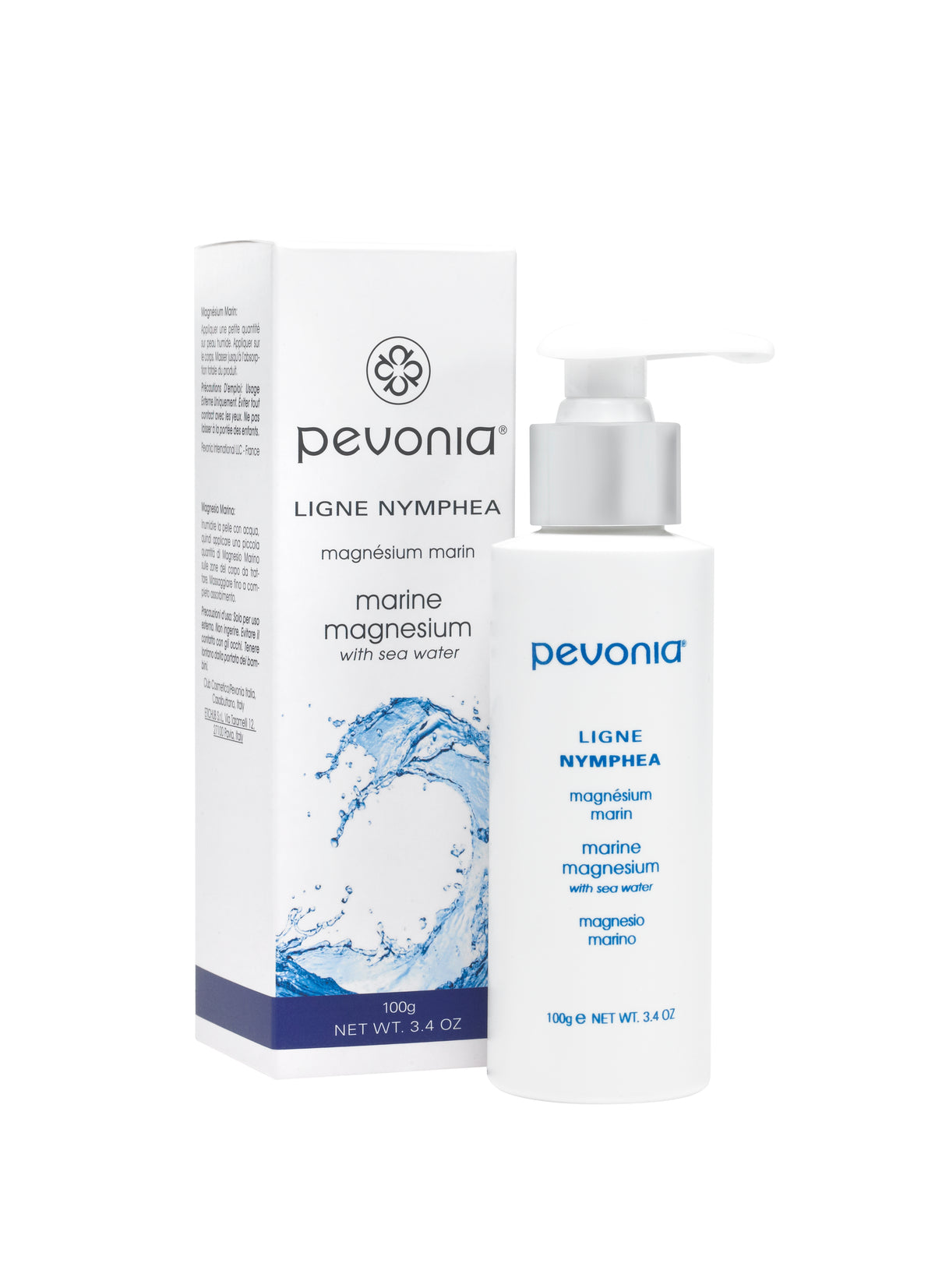 Pevonia Marine Magnesium product packaging and bottle, with a white pump dispenser. The packaging is predominantly white with blue text and accents, and an image of seawater splashing.