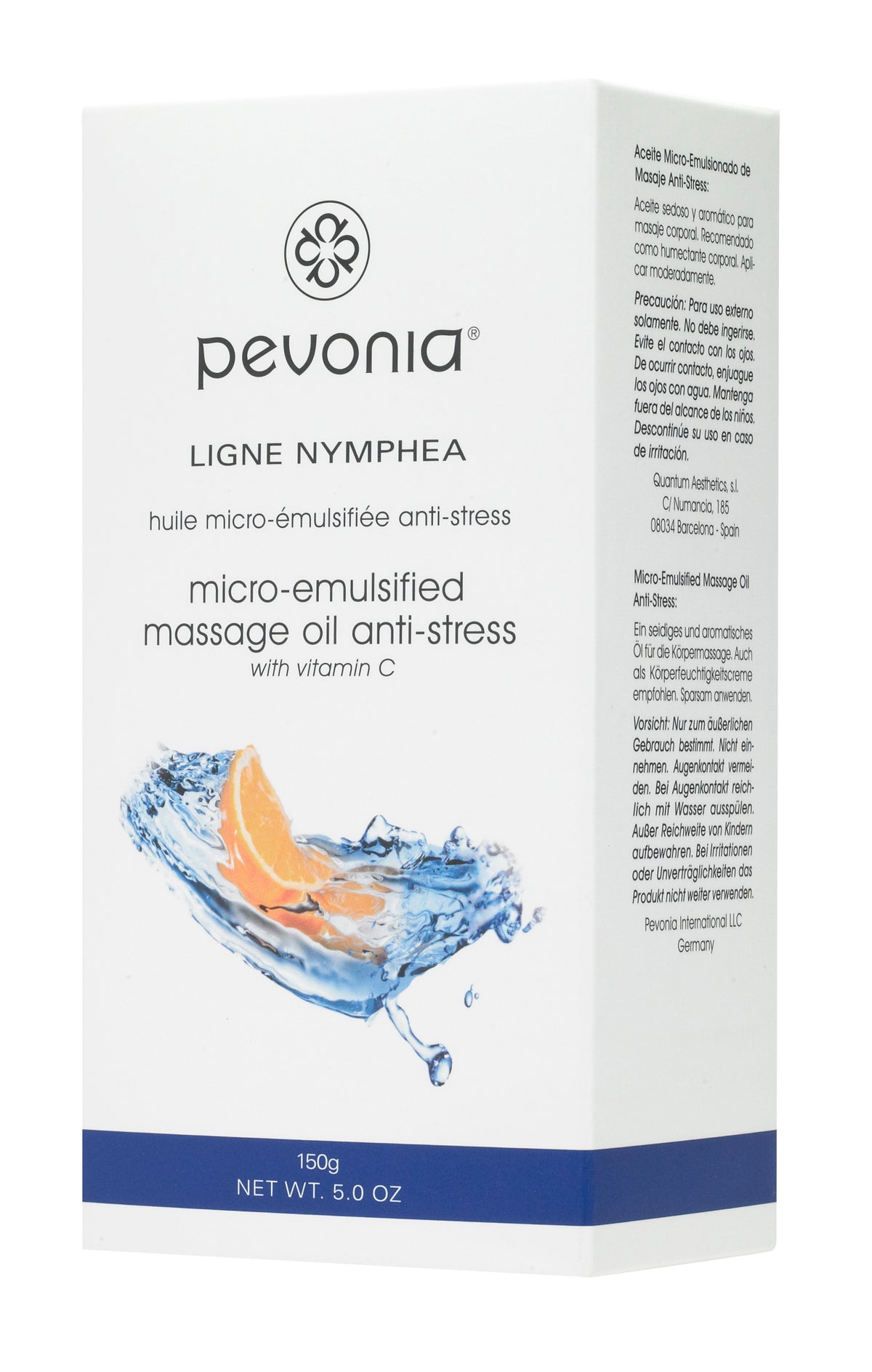pevonia micro-emulsified massage oil boxed packaging with product details on a white background