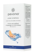 pevonia micro-emulsified massage oil boxed packaging with product details on a white background