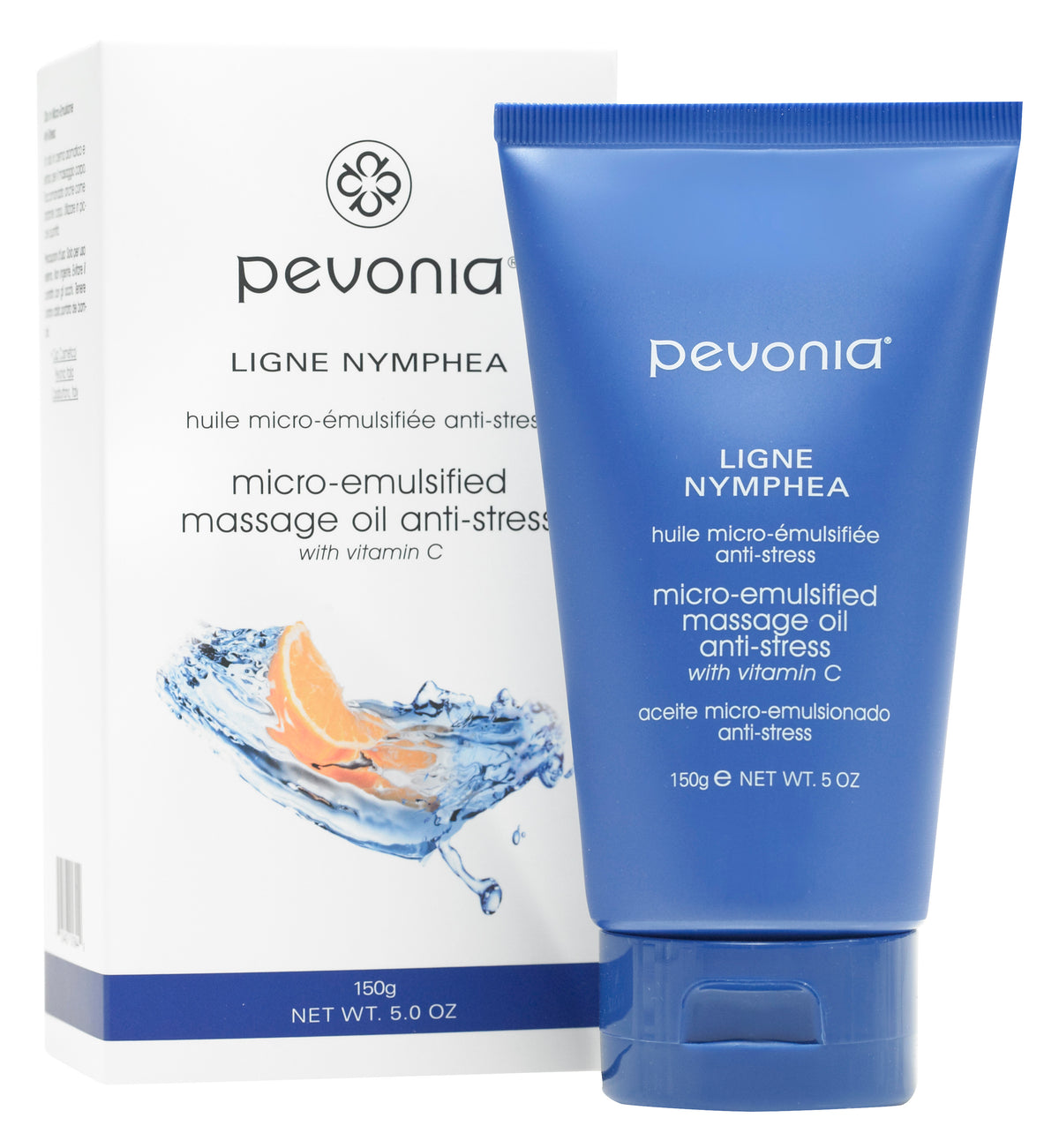 pevonia micro-emulsified massage oil packaging with blue tube and white box on a white background
