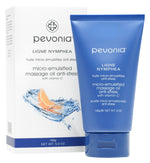 pevonia micro-emulsified massage oil packaging with blue tube and white box on a white background