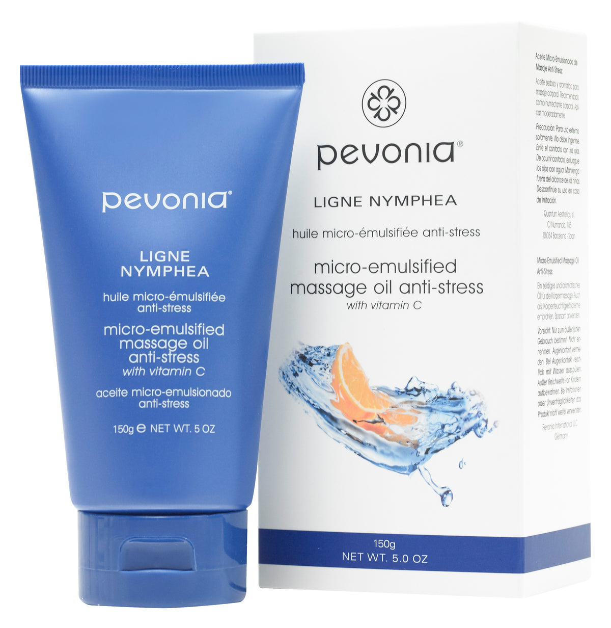 Pevonia micro-emulsified massage oil tube and box packaging on a white background 150g