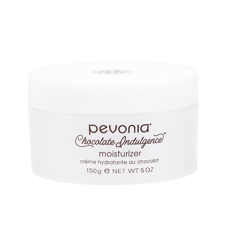 A white jar of Pevonia Chocolate Indulgence moisturizer with 150g labelled, indicating it is a face and body moisturizer.