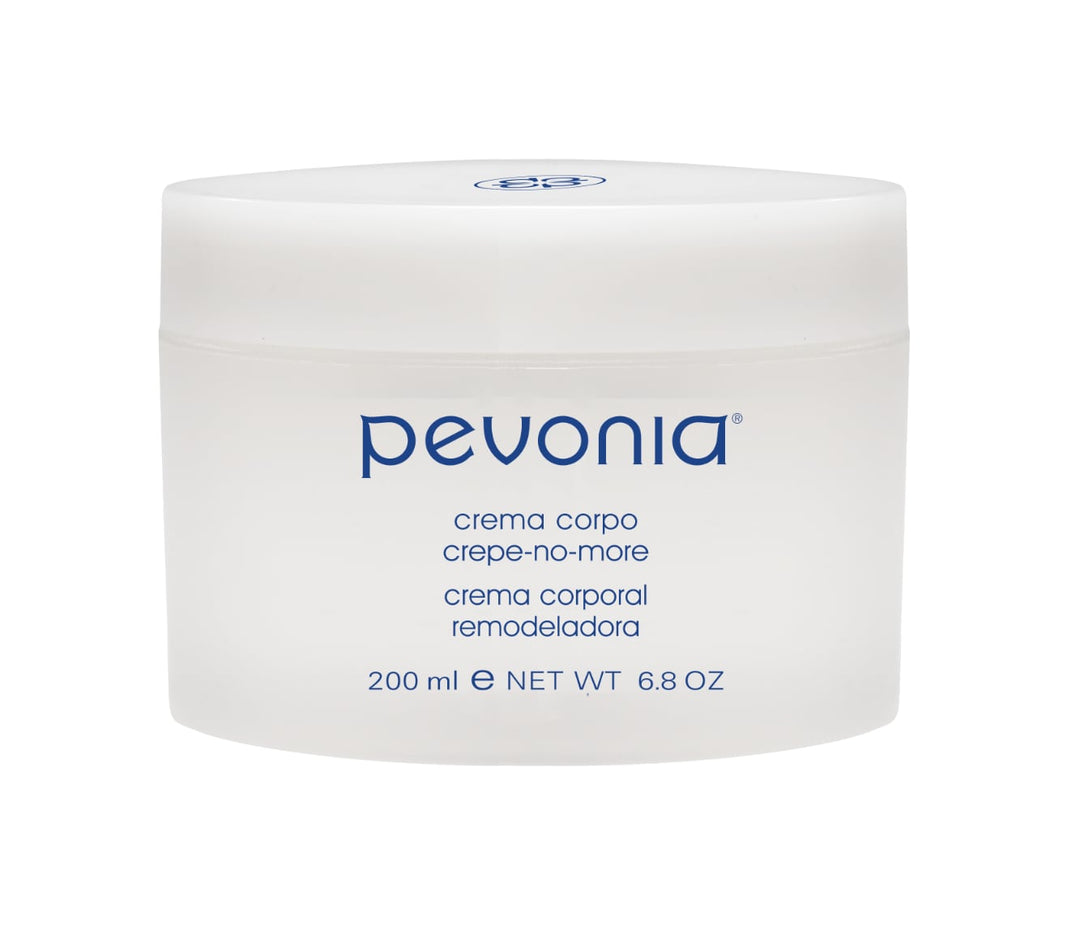 A white jar of Pevonia Crepe-No-More Body Cream, with blue and silver text detailing the product name and size 200ml.