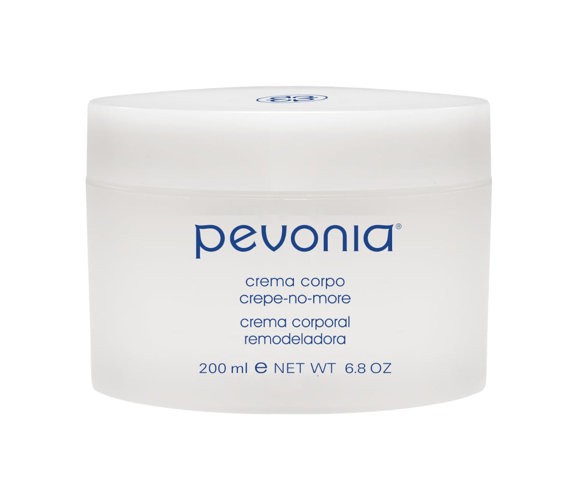 A white jar of Pevonia Crepe-No-More Body Cream, with blue and silver text detailing the product name and size 200ml.