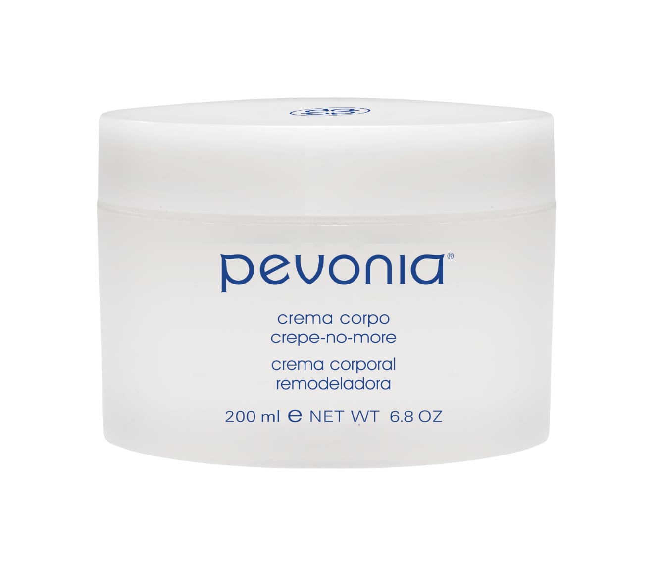 A white jar of Pevonia Crepe-No-More Body Cream, with blue and silver text detailing the product name and size 200ml.