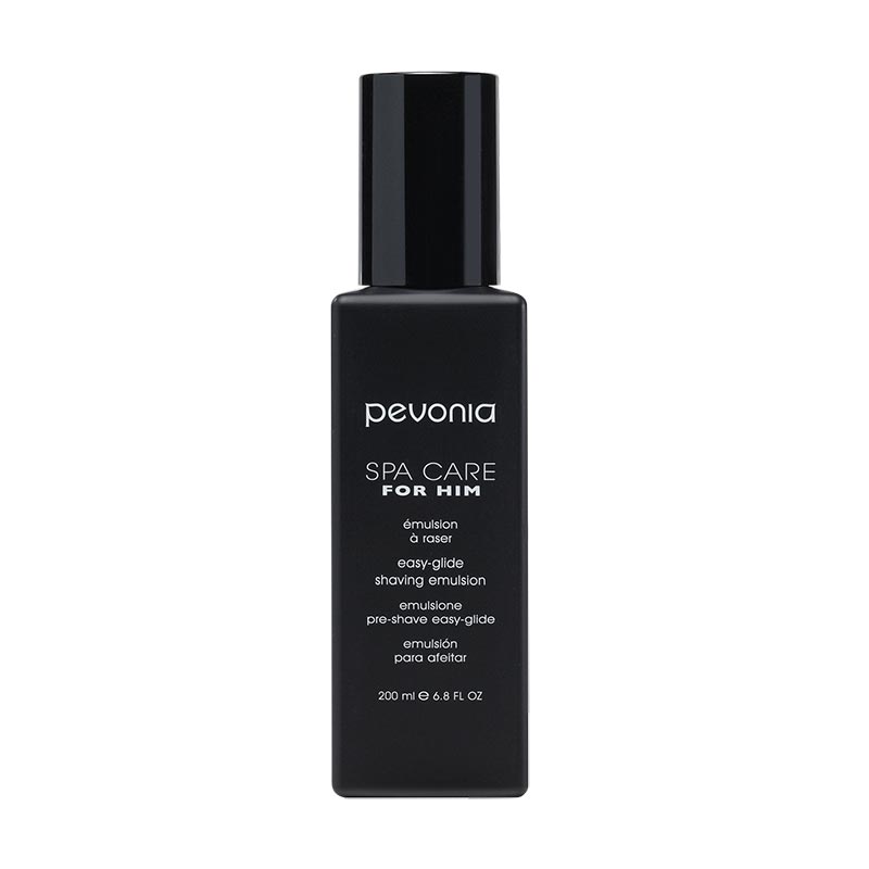 A black bottle of Pevonia Easy Glide Shaving Emulsion for men, with white and silver text detailing the product name and description.