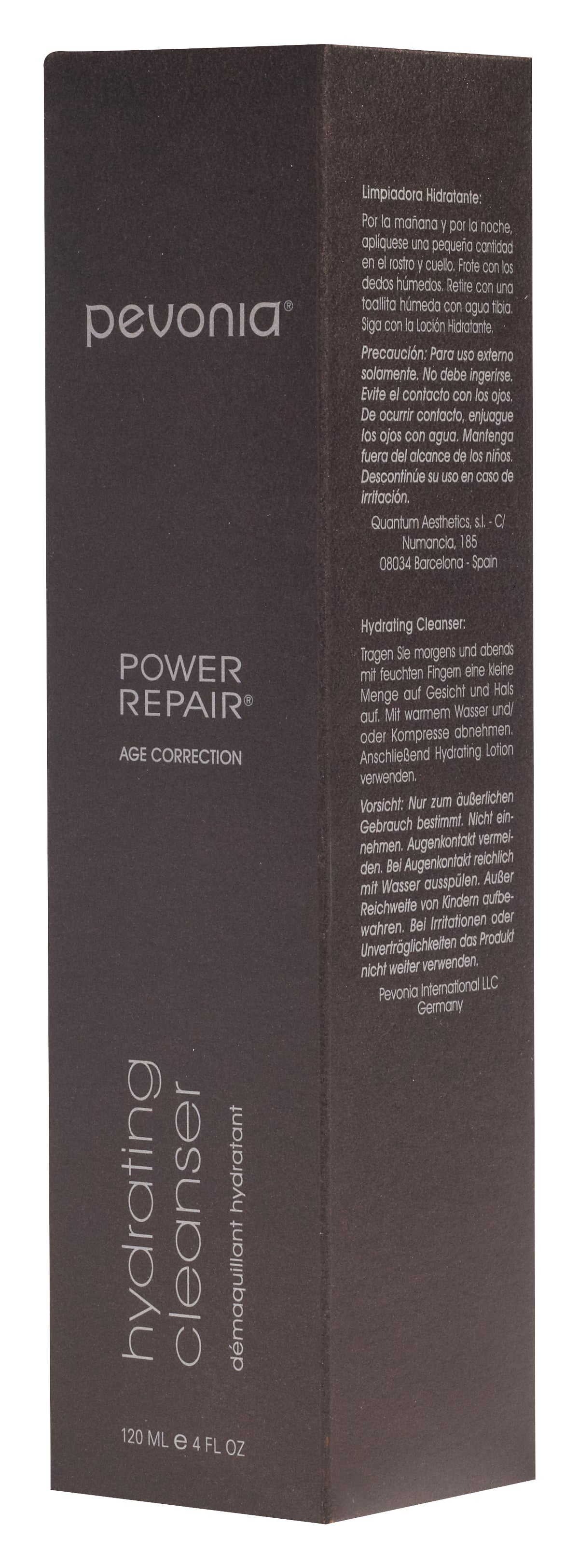 A bottle of Pevonia Power Repair-Hydrating Cleanser with a capacity of 120ml, sown in packaging box 
